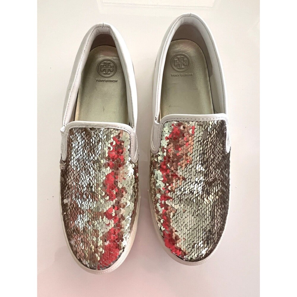 Tory Burch White Leather Shoes 10.5 Sequin Gold